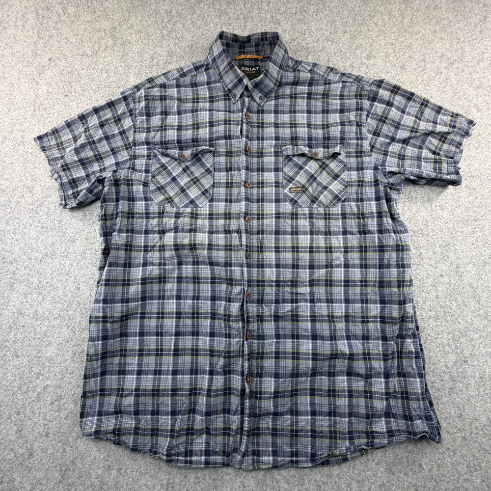 Ariat Rebar Mens XXL Tall Blue Green Plaid Short Sleeve Work Shirt Button Down